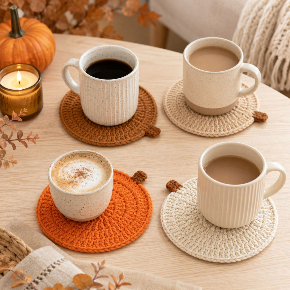 Handmade Crochet Halloween Pumpkin Cup Coaster Set of 4