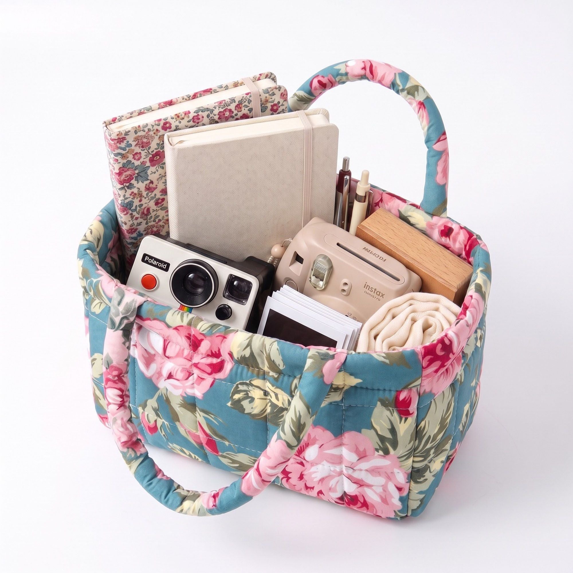 Quilted Floral Storage Basket with Handles