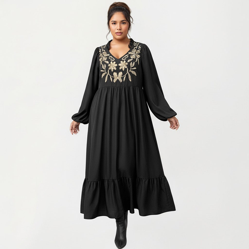 Anna-Kaci Women's Plus Size Long Sleeve V Neck Dress with Floral Embroidered Bodice and Flowy Tiered Skirt