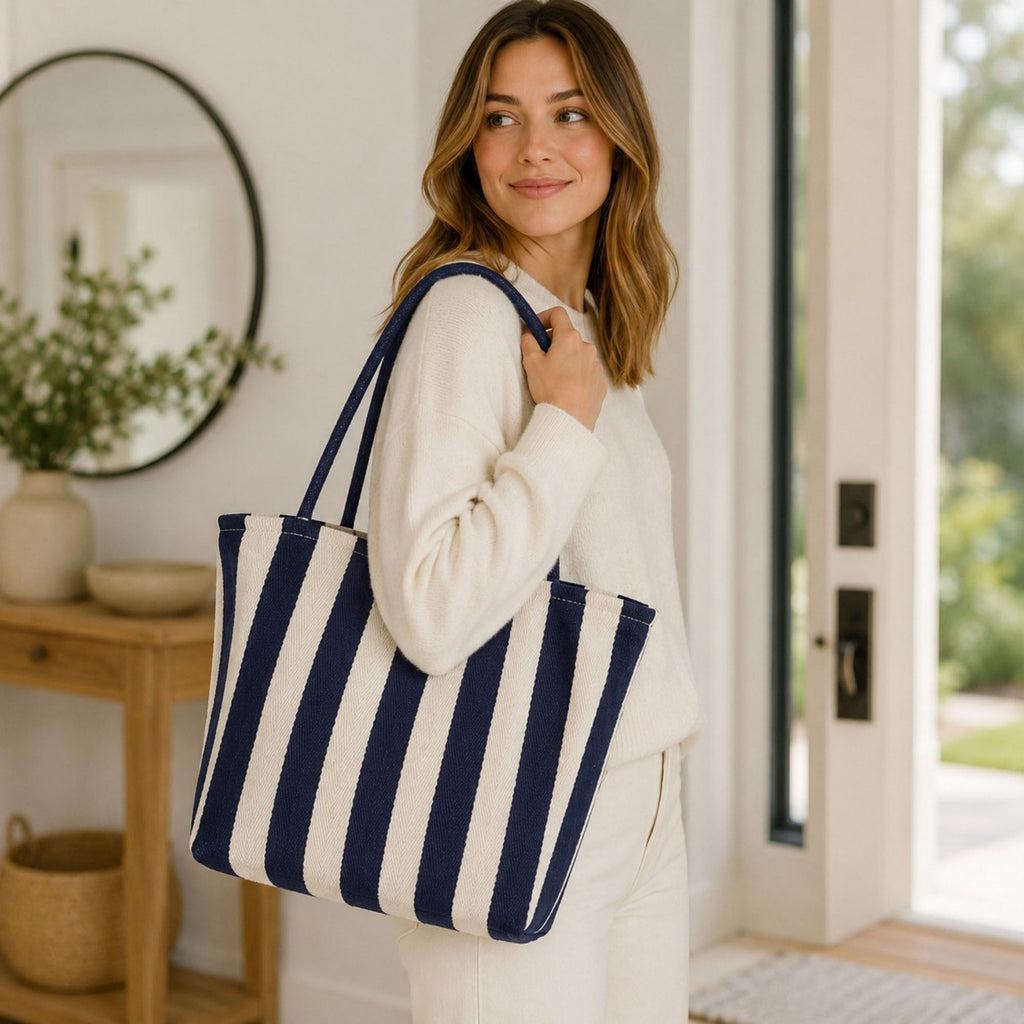 Striped Tote Bag with Large Capacity Soft Shoulder Carry Design