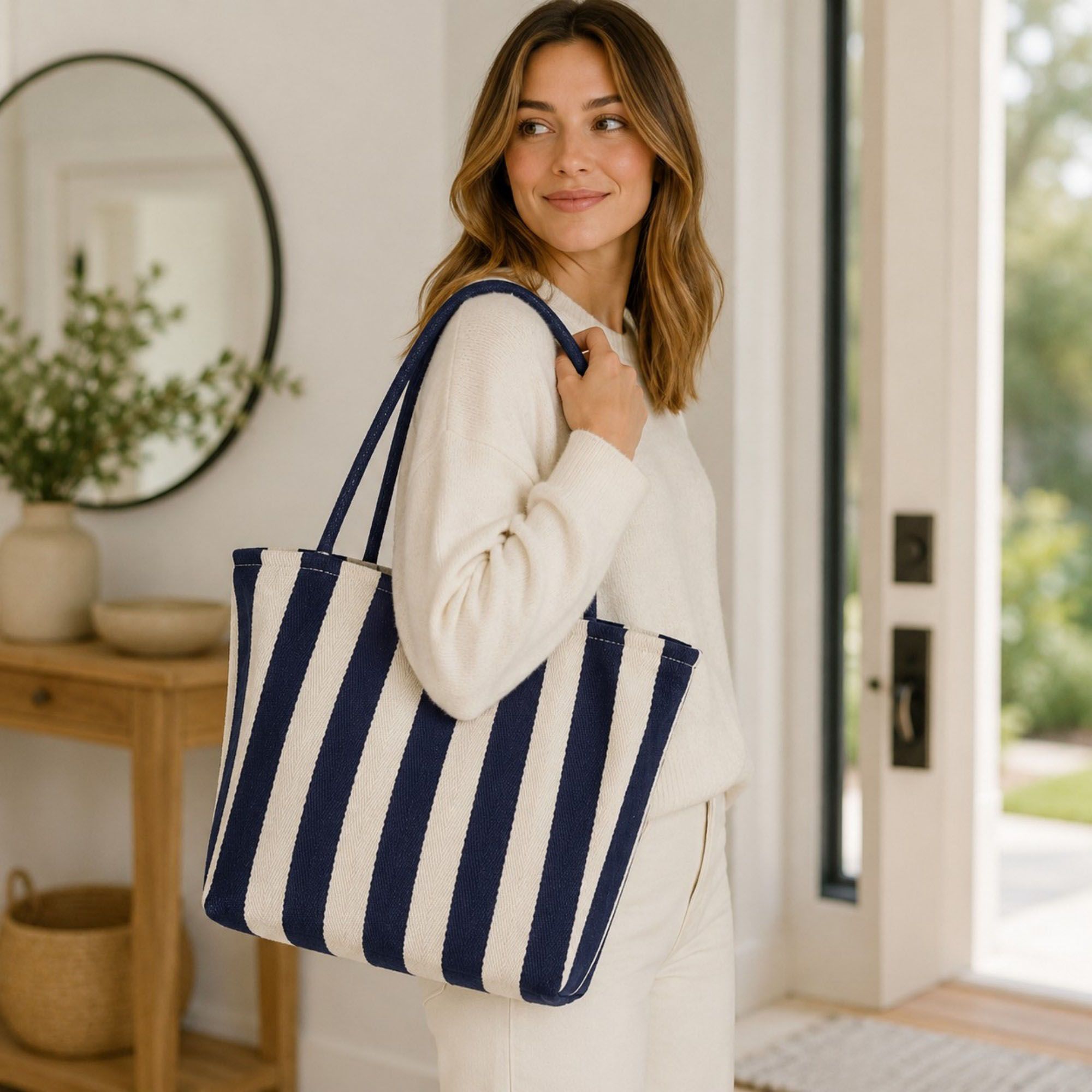 Striped Tote Bag with Large Capacity Soft Shoulder Carry Design