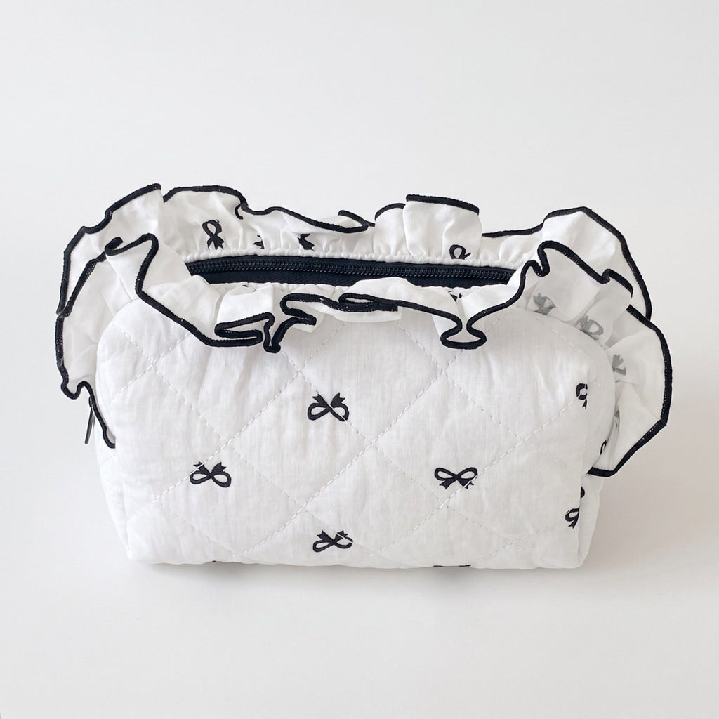 Womens Quilted Bow Print Cosmetic Bag with Ruffle Trim