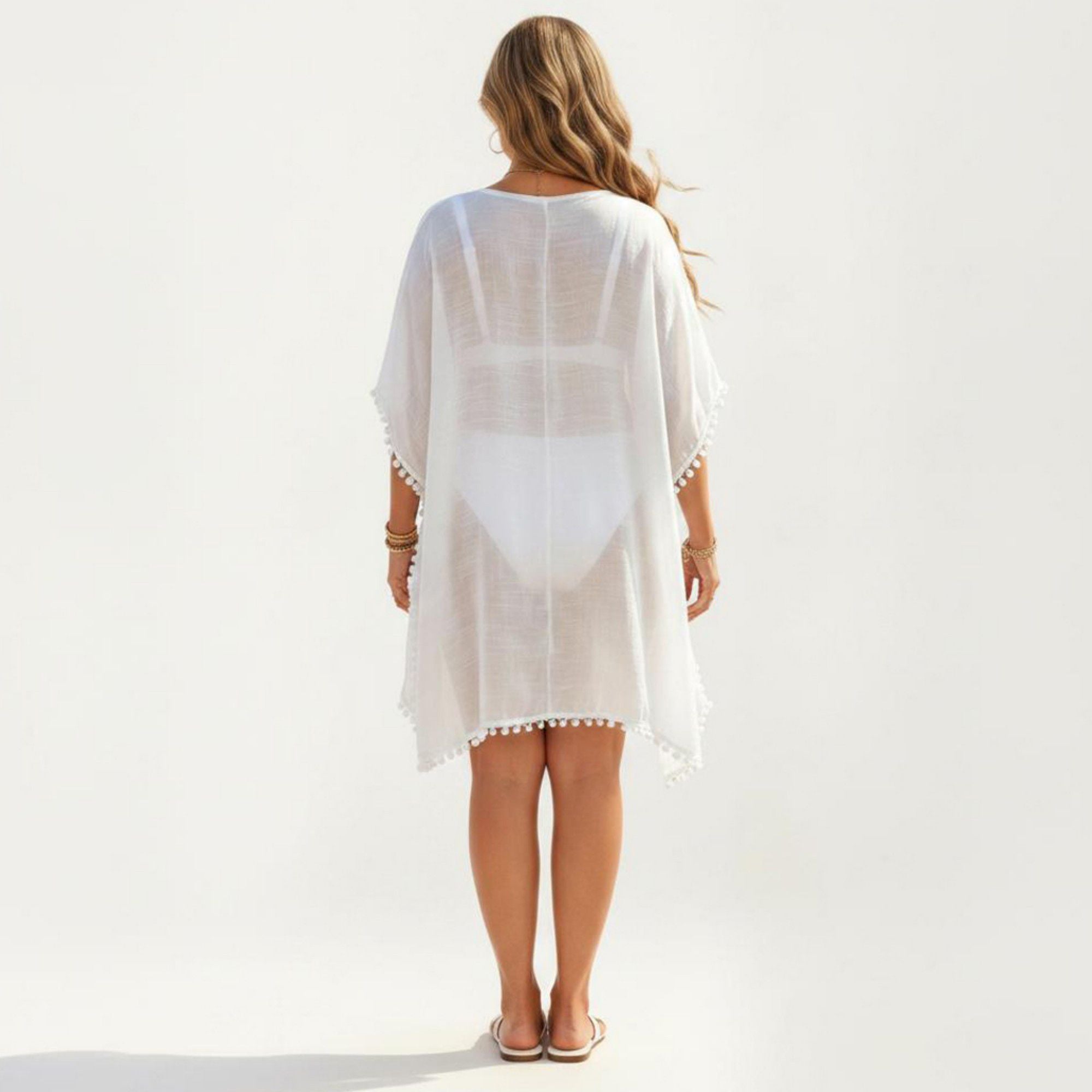 Anna-Kaci Women's Swim Cover Up Dress with Crochet Cutout Neckline Pom Trim Hem Loose Short Sleeves Relaxed Fit