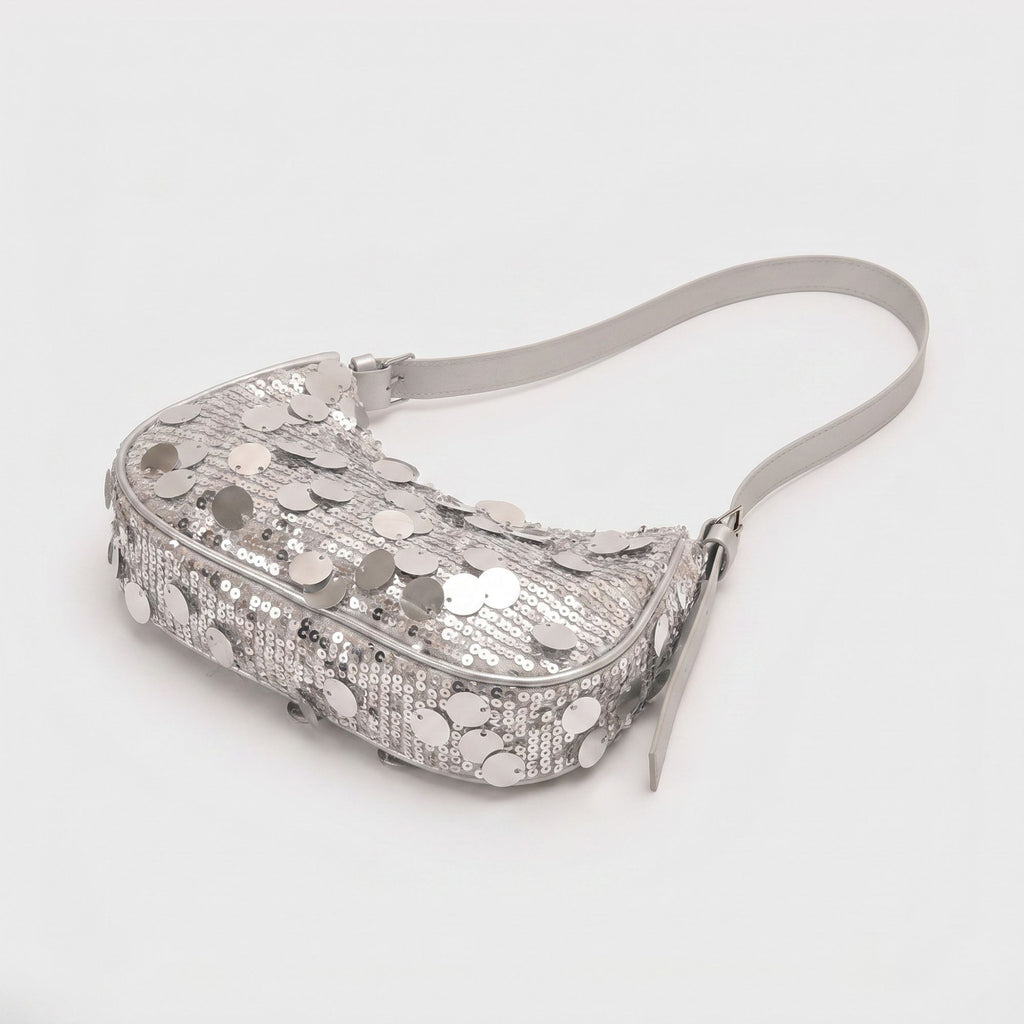 Sequin Crescent Shoulder Bag with Disc Paillette Details and Slim Strap