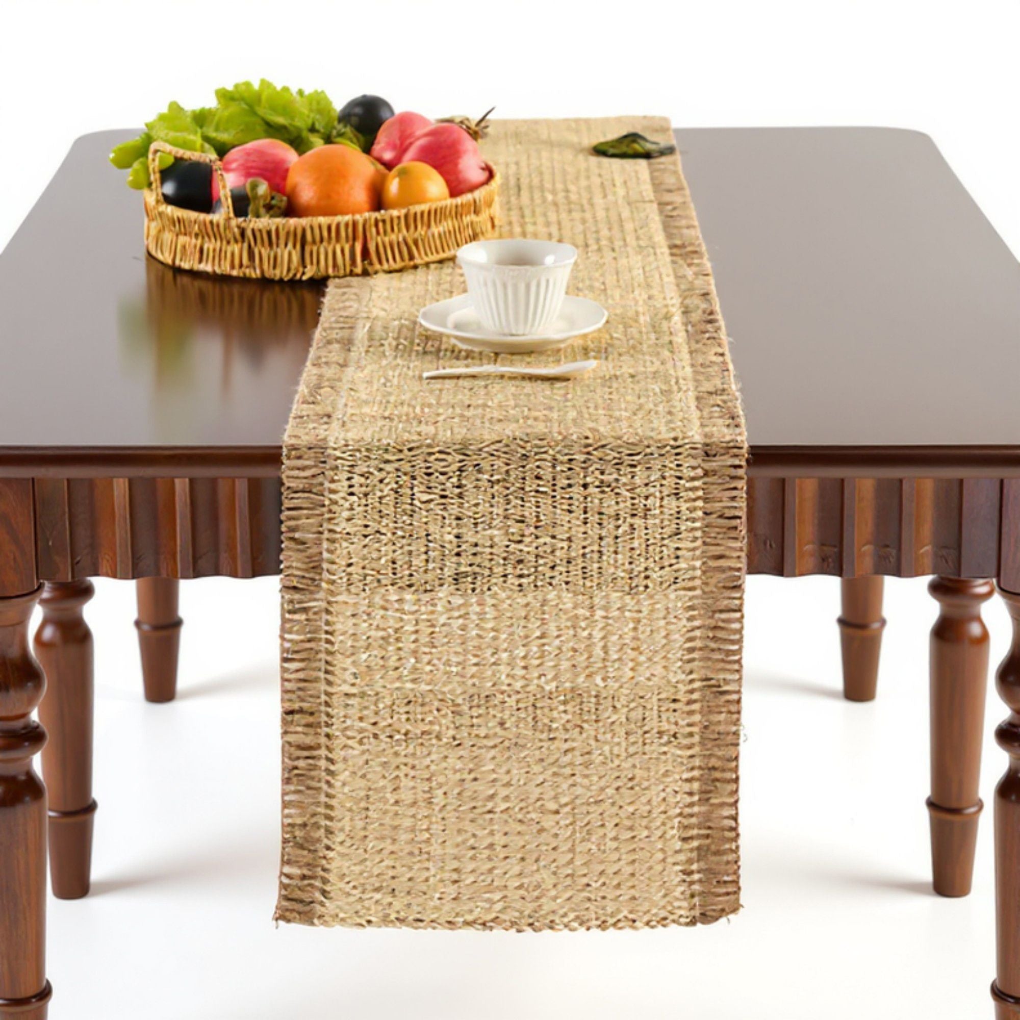 Textured Woven Table Runner with Fringe Trim and Neutral Stripe Pattern 47x11.8 in