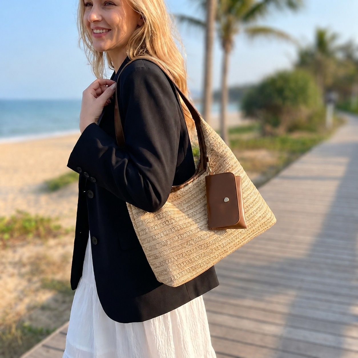 Woven Straw Shoulder Bag Hobo Handbag with Removable Pouch and Magnetic Closure