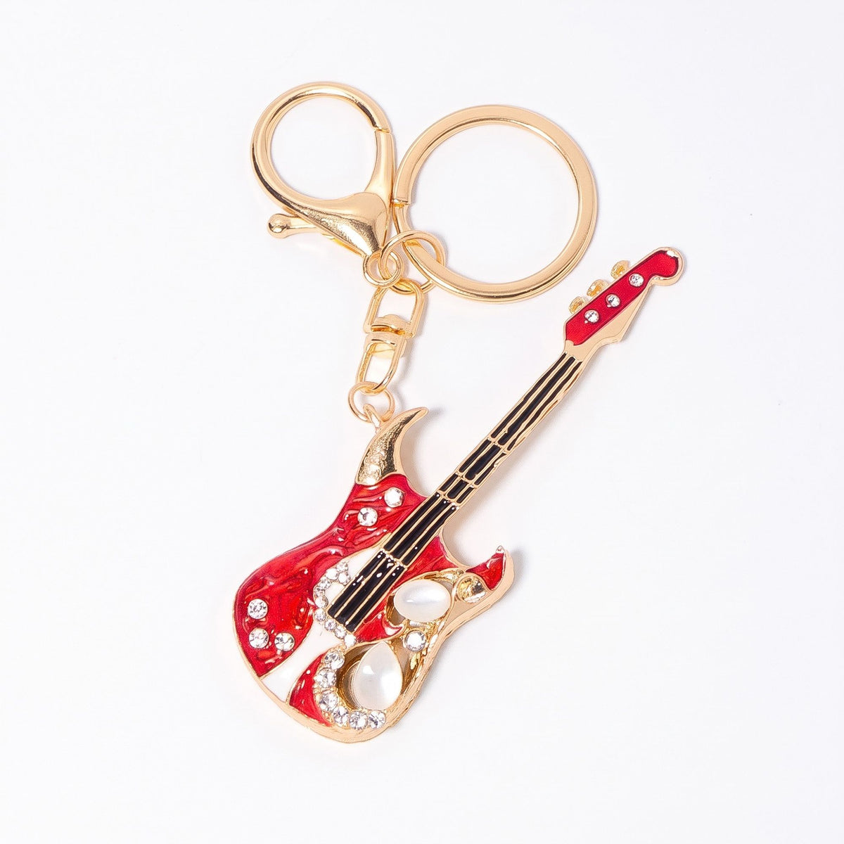 Guitar Rhinestone Keychain Bag Charm with Gold Tone Clasp and Key Ring