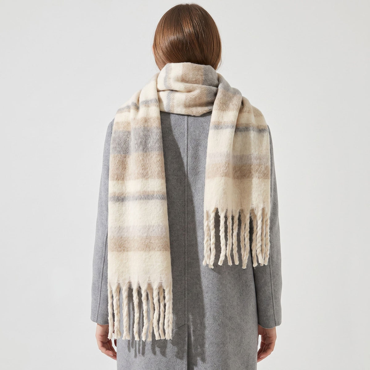 Oversized Plaid Scarf with Fringe Soft Brushed Winter Wrap