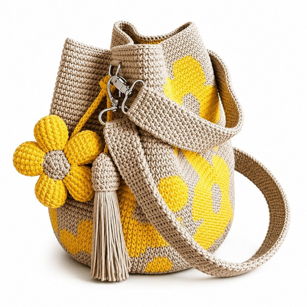 Crochet Floral Bucket Bag with Tassel Charm and Shoulder Strap
