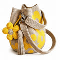 Crochet Floral Bucket Bag with Tassel Charm and Shoulder Strap