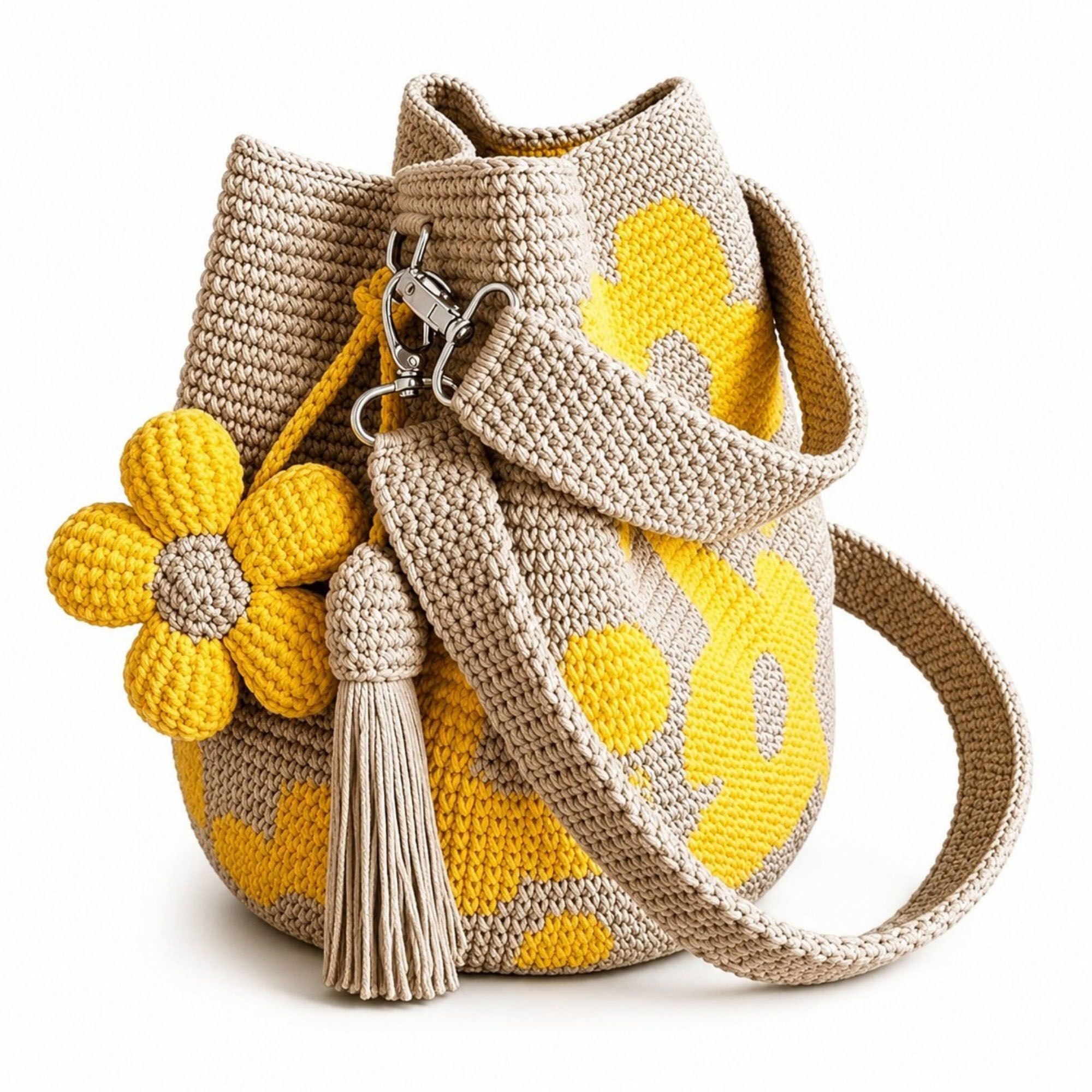 Crochet Floral Bucket Bag with Tassel Charm and Shoulder Strap