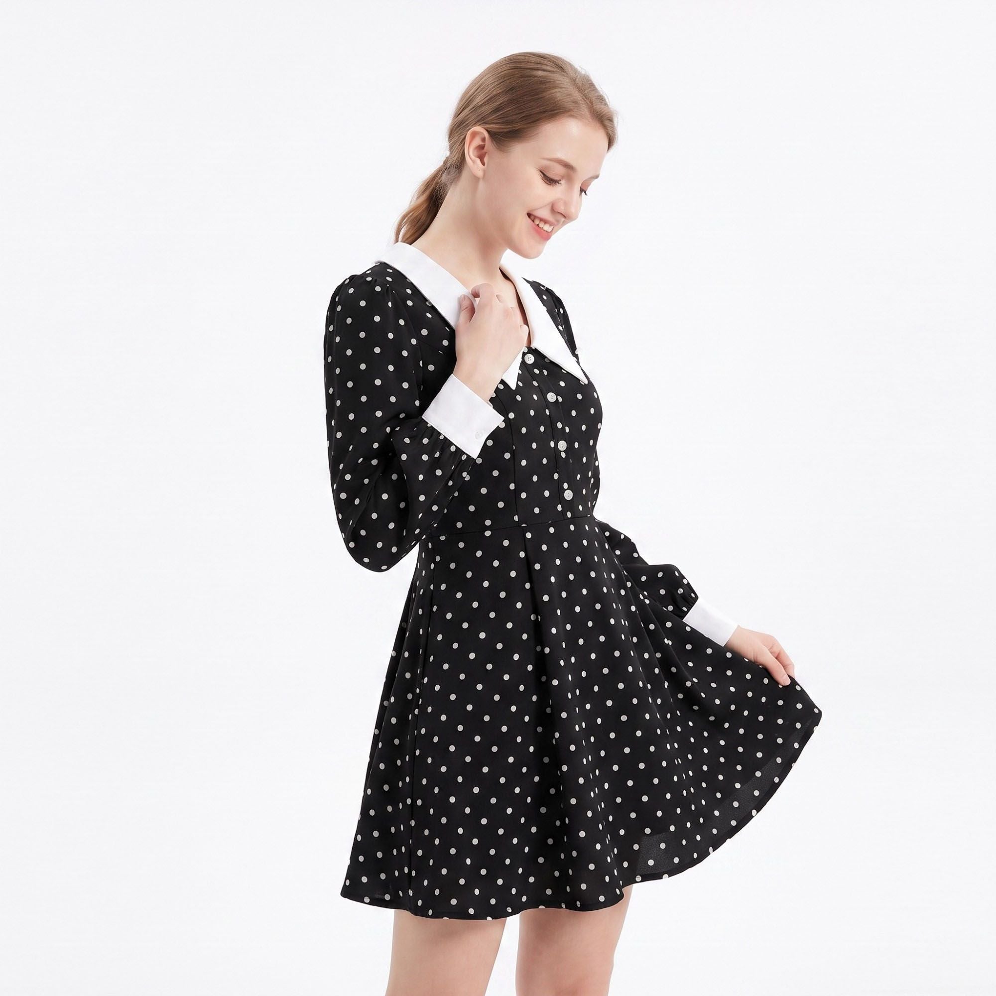 Polka Dot Mini Dress Contrast Collar Button Front Long Sleeve Fit and Flare