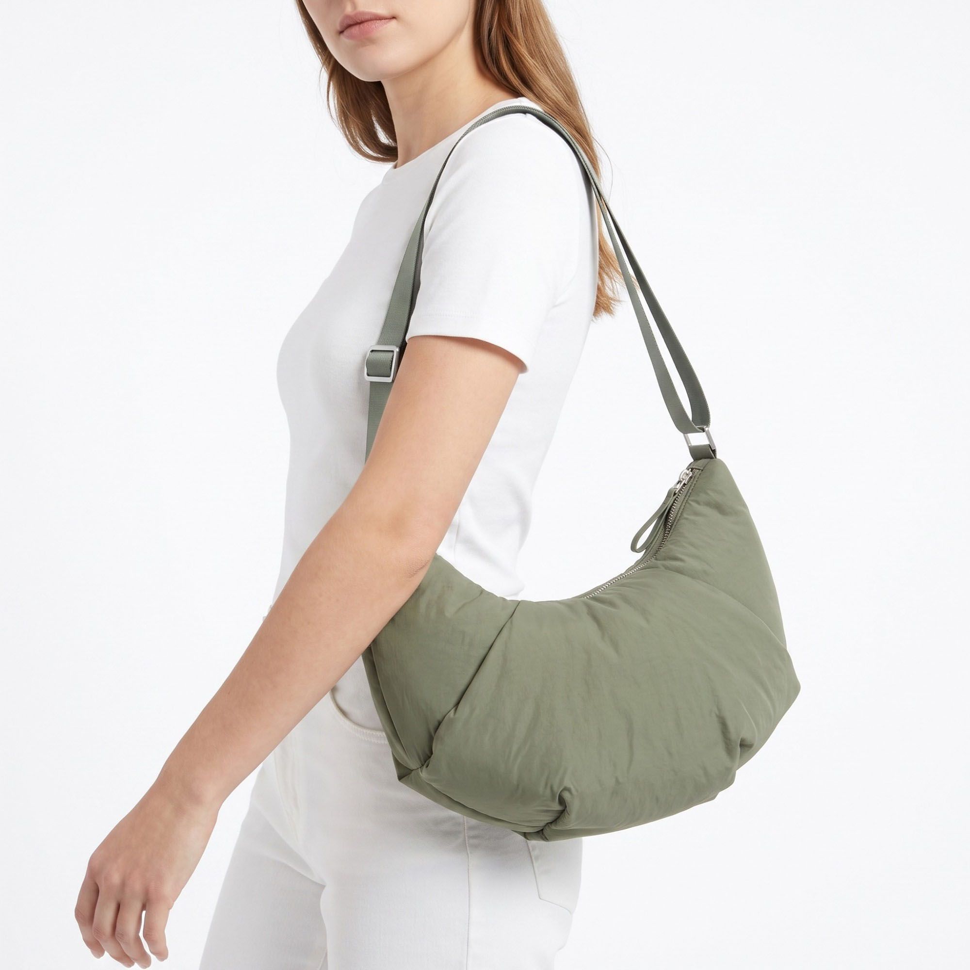 Padded Crescent Shoulder Bag with Wide Strap and Top Zipper Closure 13x7.5x2.5in