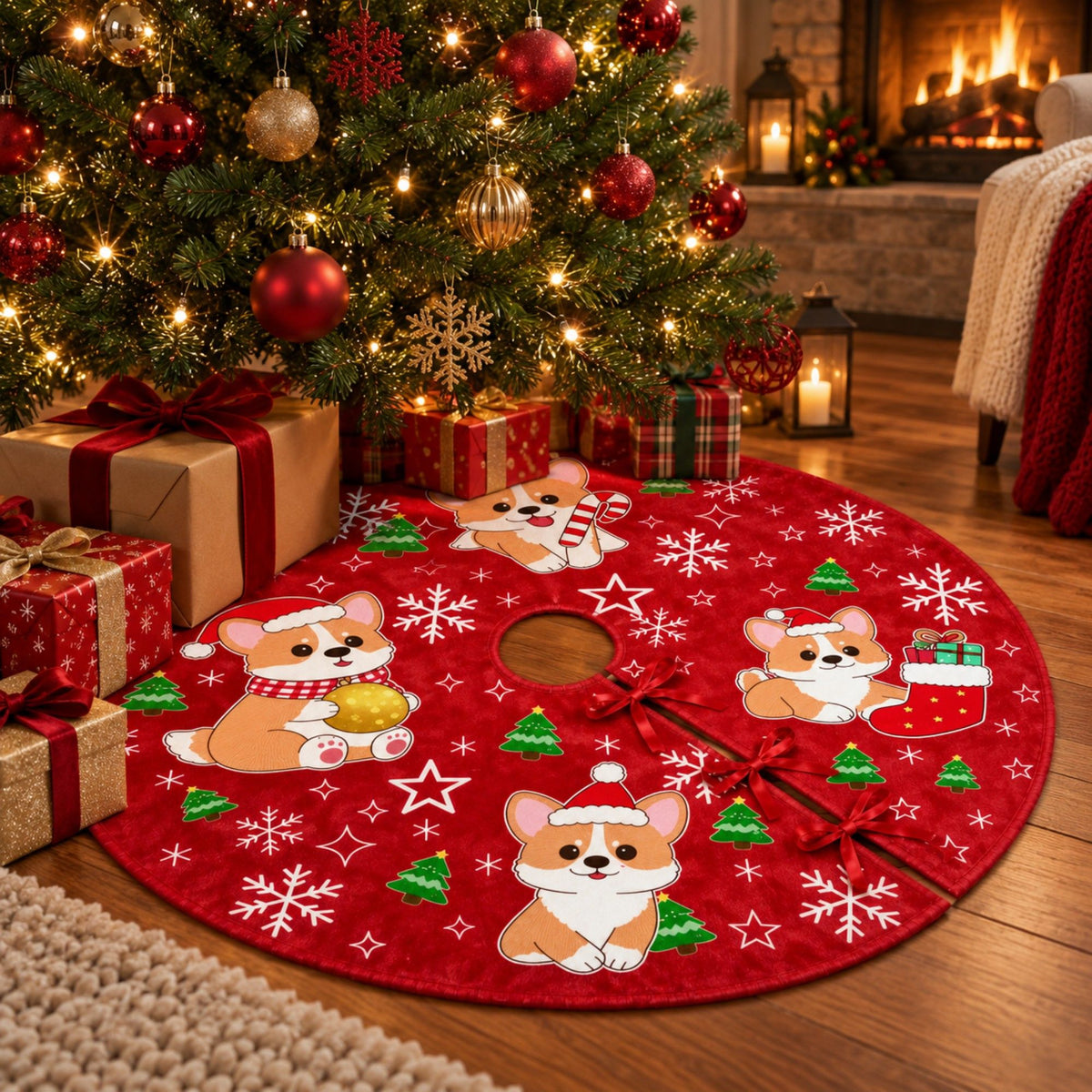 Christmas Tree Skirt with Festive Corgi Dog Print Red Holiday Tree Base Cover