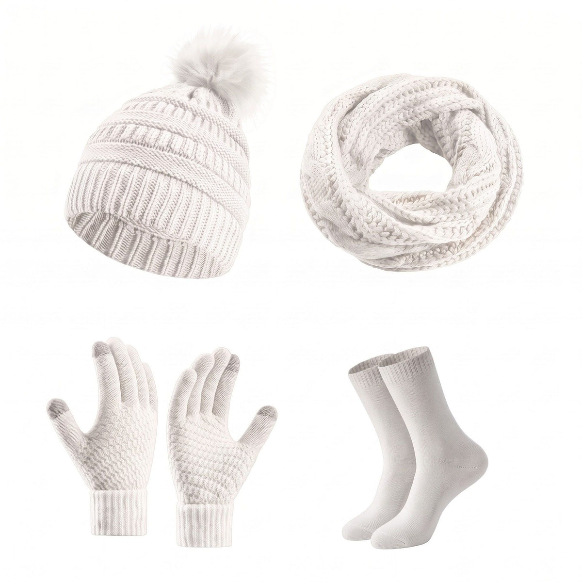 4 Piece Knit Winter Hat Scarf Touchscreen Gloves and Socks Set