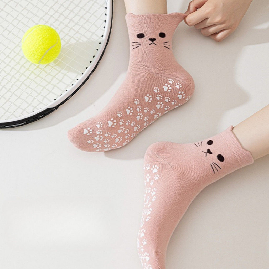 Anna-Kaci Women's Cat Face Grip Socks with Paw Print Anti-Slip Sole Soft Knit Ankle Socks for Home or Yoga 3-Pack
