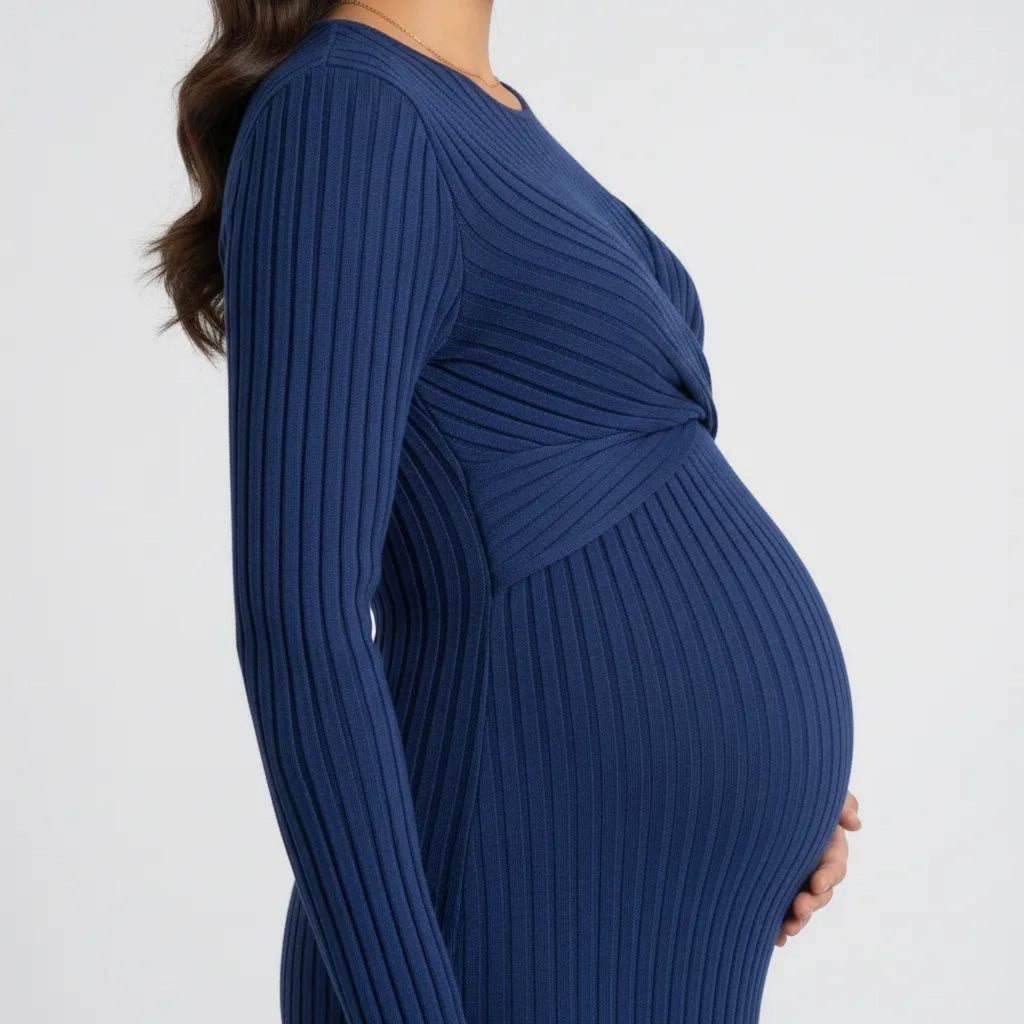 Anna-Kaci Women's Ribbed Knit Bodycon Maternity Dress - Long Sleeve Twist Front Stretch Midi