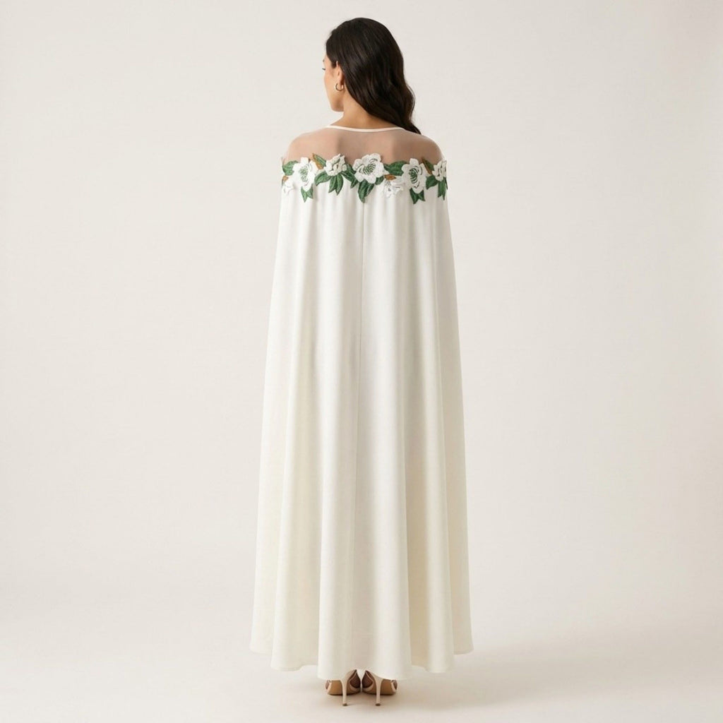Anna-Kaci Women's Floral Embroidered Cape Maxi Dress Sheer Neckline Loose Fit Flowing Long Dress