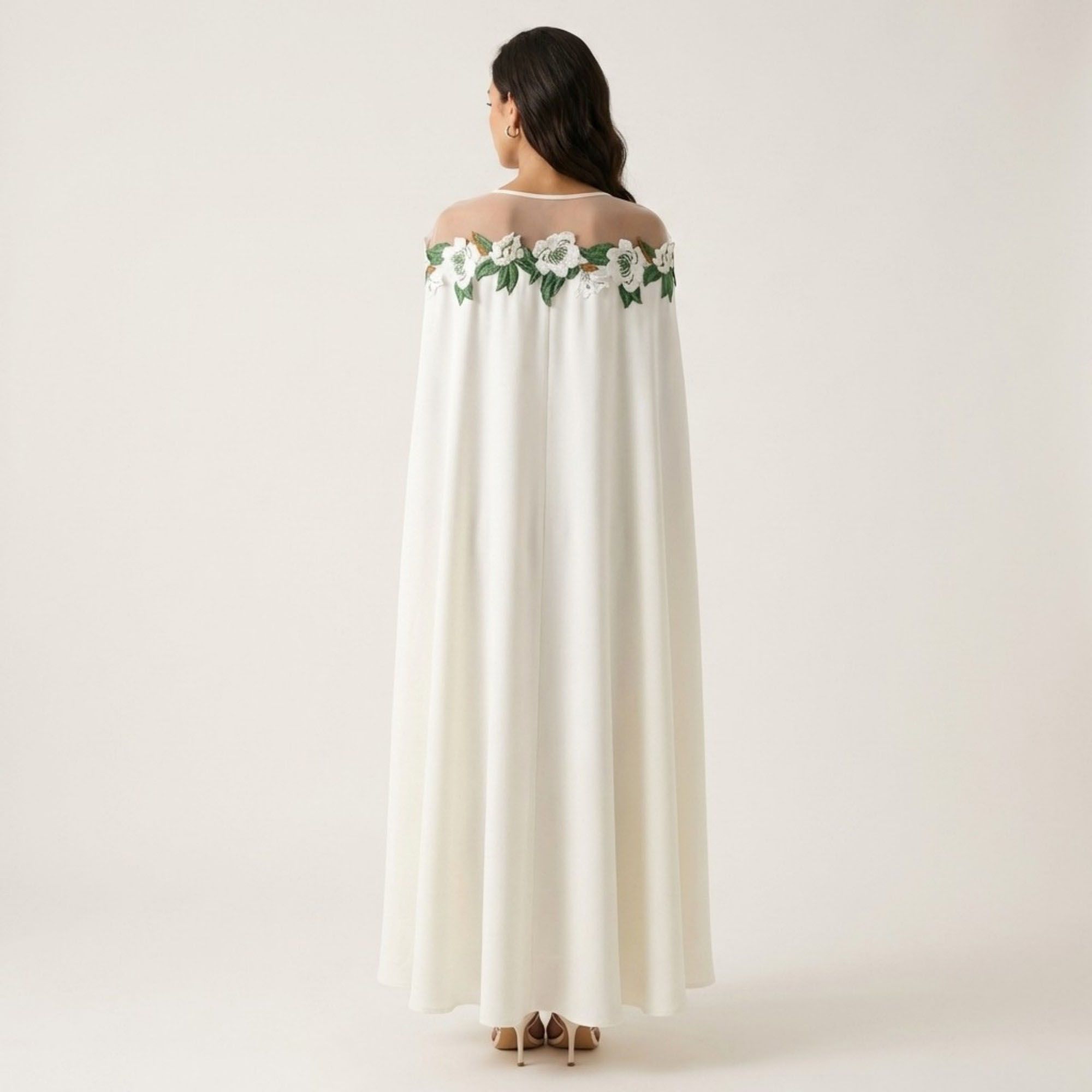 Anna-Kaci Women's Floral Embroidered Cape Maxi Dress Sheer Neckline Loose Fit Flowing Long Dress