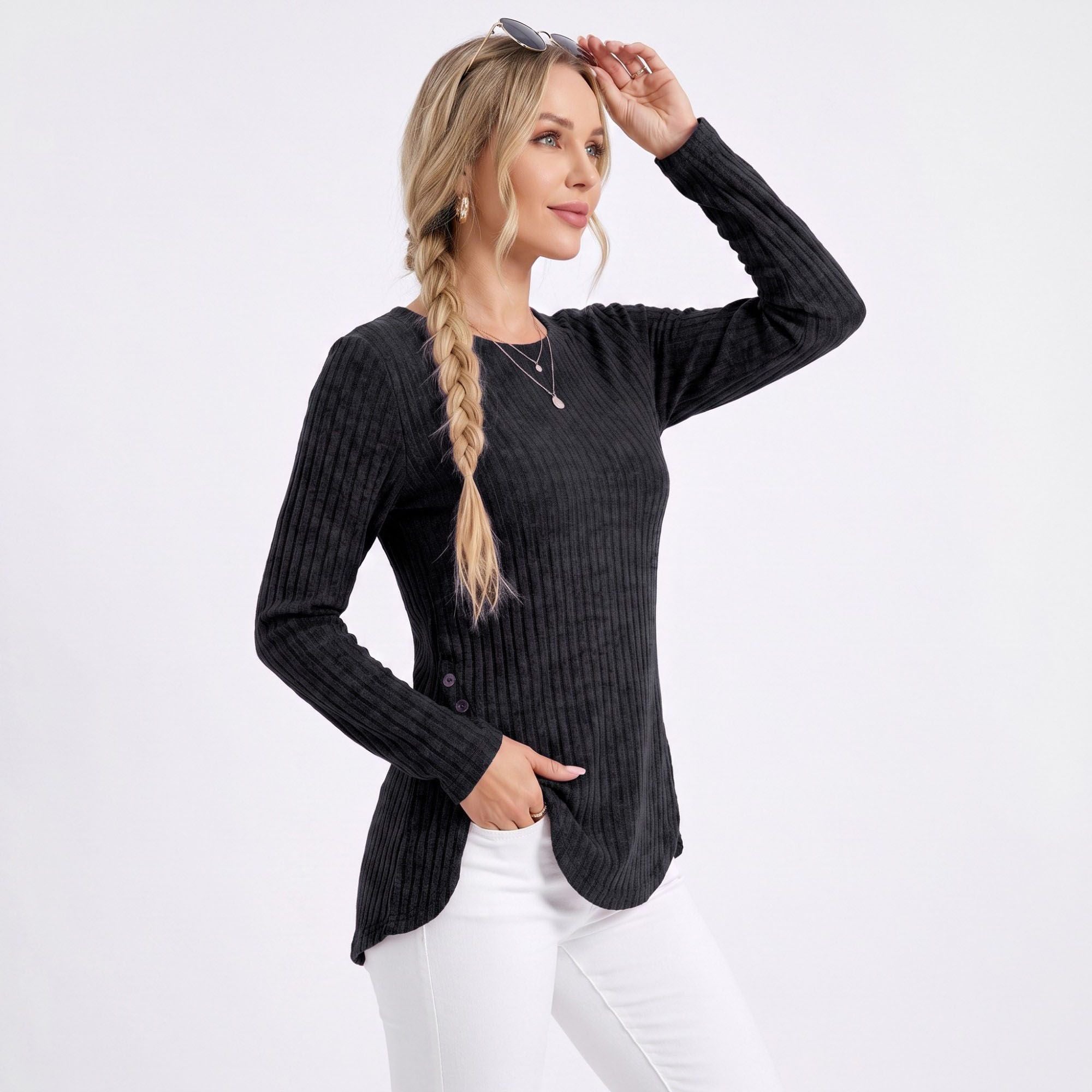 Ribbed Crew Neck Side Slit Long Sleeve Tunic Top