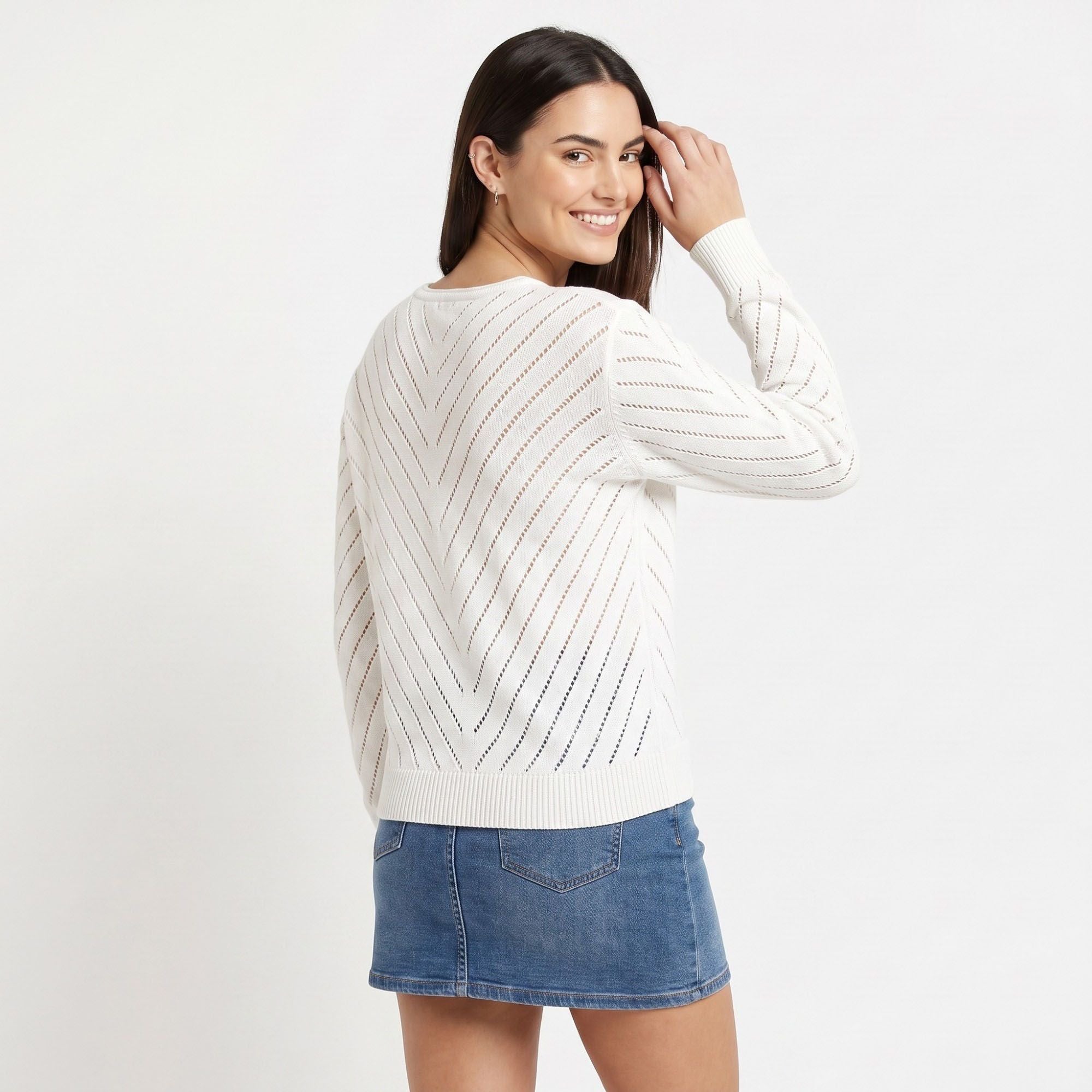Chevron Pointelle V-Neck Long Sleeve Knit Sweater