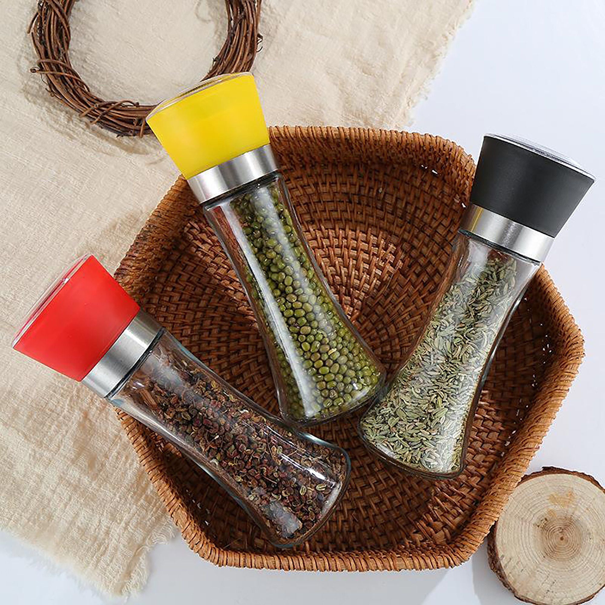 2-Piece Glass Salt and Pepper Grinder Set with Stainless Steel Accent
