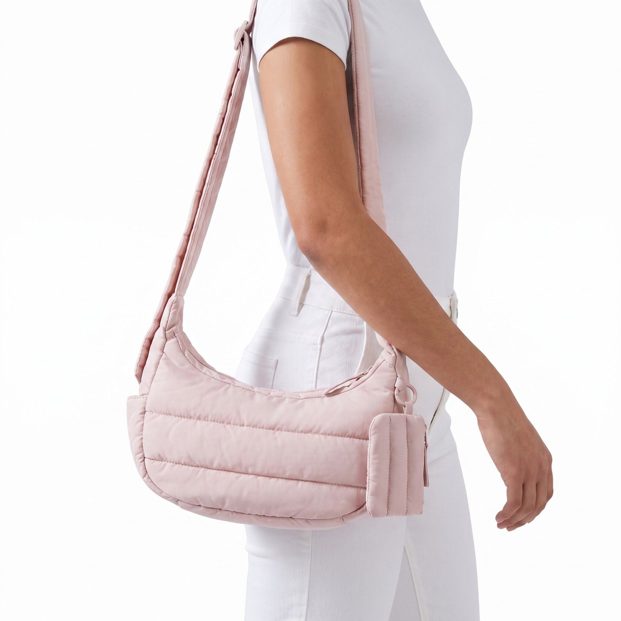 Horizontal Padded Crescent Hobo Bag with Detachable Mini Pouch and Adjustable Padded Shoulder Strap 10.2x3.9x6.3in