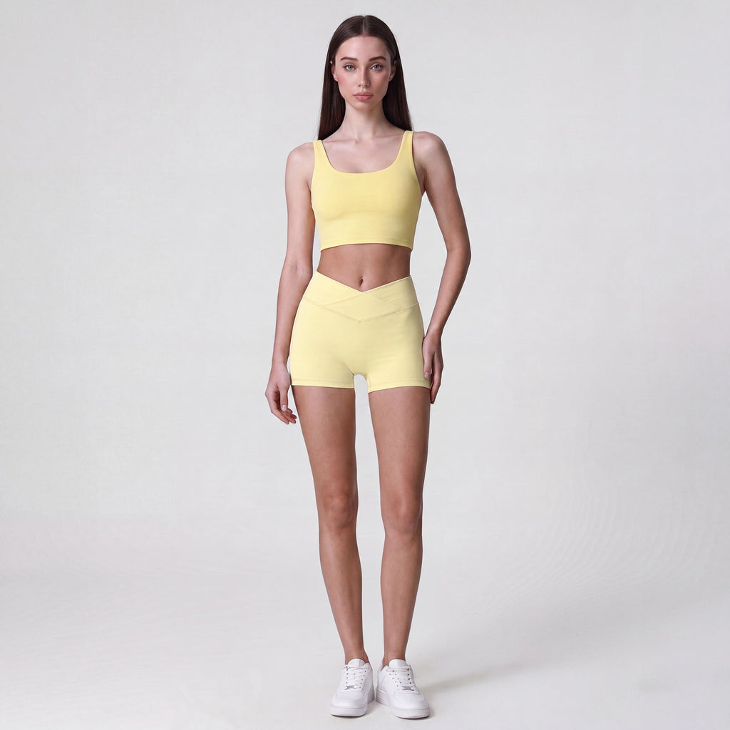 High Waist Crossover Athletic Shorts with Smooth Stretch Fabric and Fitted Biker Short Length