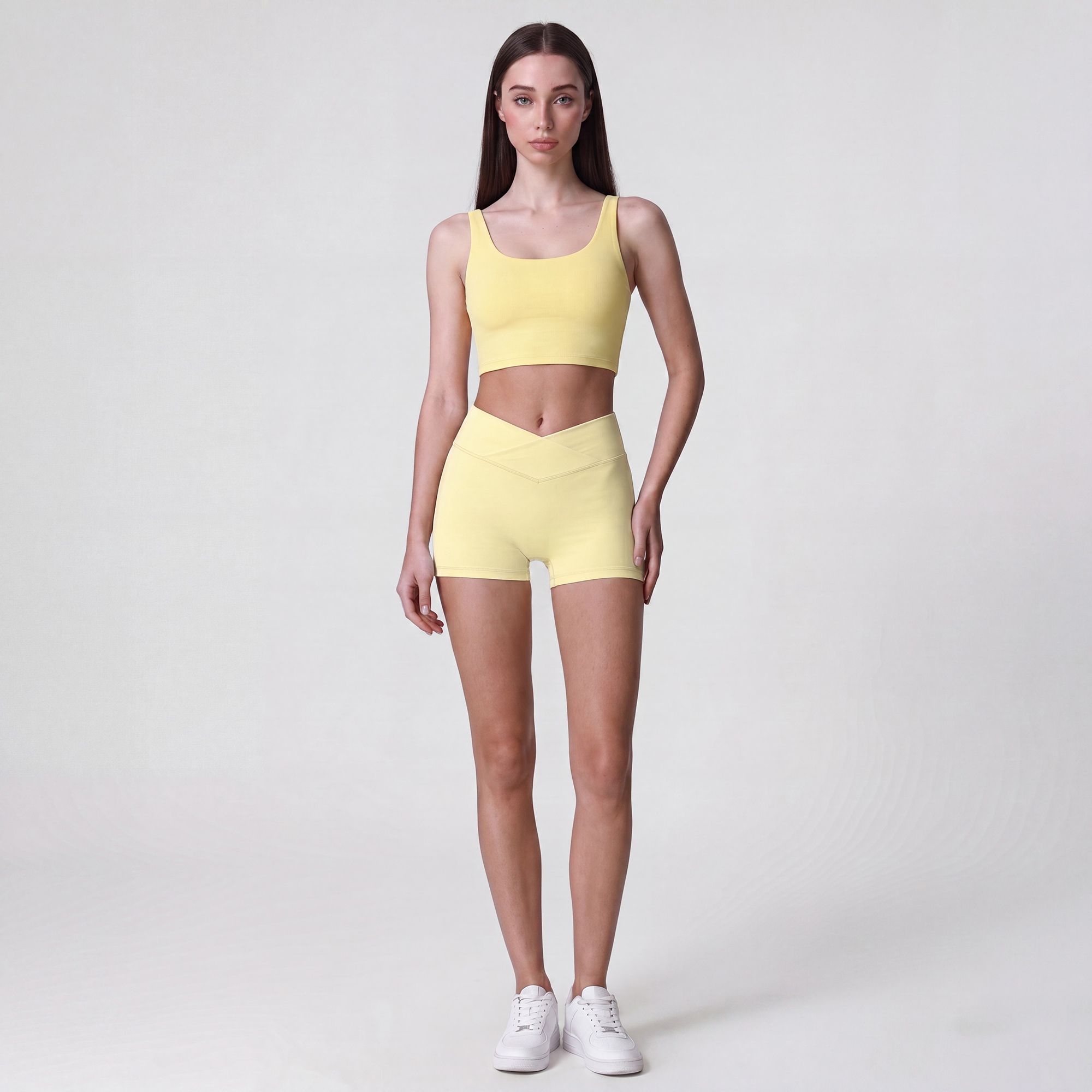 High Waist Crossover Athletic Shorts with Smooth Stretch Fabric and Fitted Biker Short Length