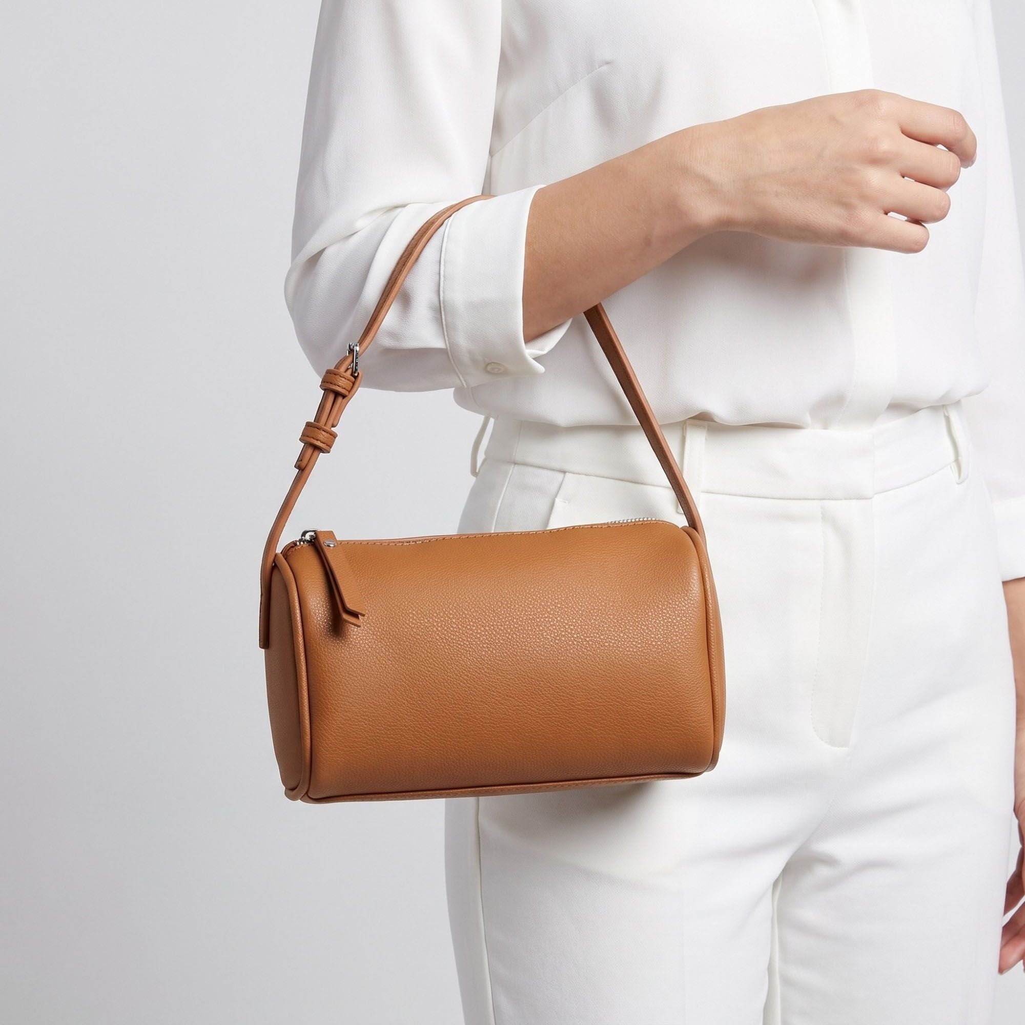 Barrel Shoulder Bag with Adjustable Strap and Top Zipper Closure 7.5x4.5x3in