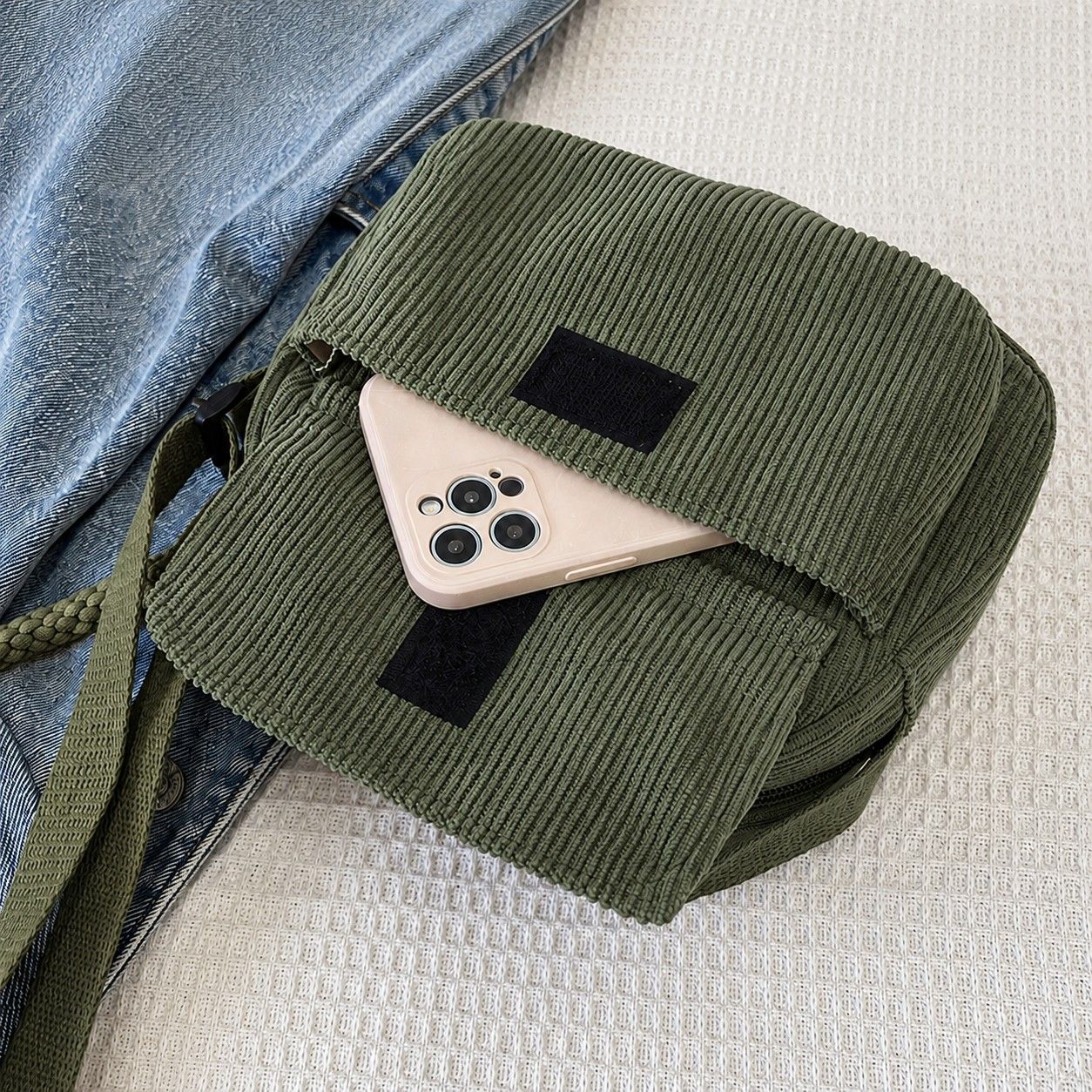 Corduroy Crossbody Bag with Front Pocket Adjustable Strap and Zip Closure