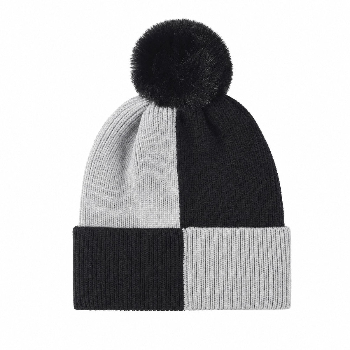 Color Block Knit Beanie Winter Hat with Pom and Plush Lining