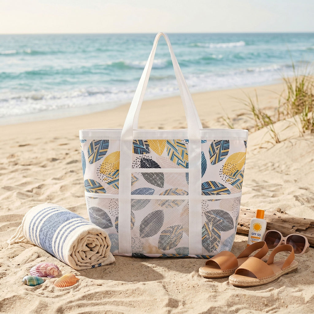 Printed Beach Tote Bag with Mesh Pockets and Shoulder Handles