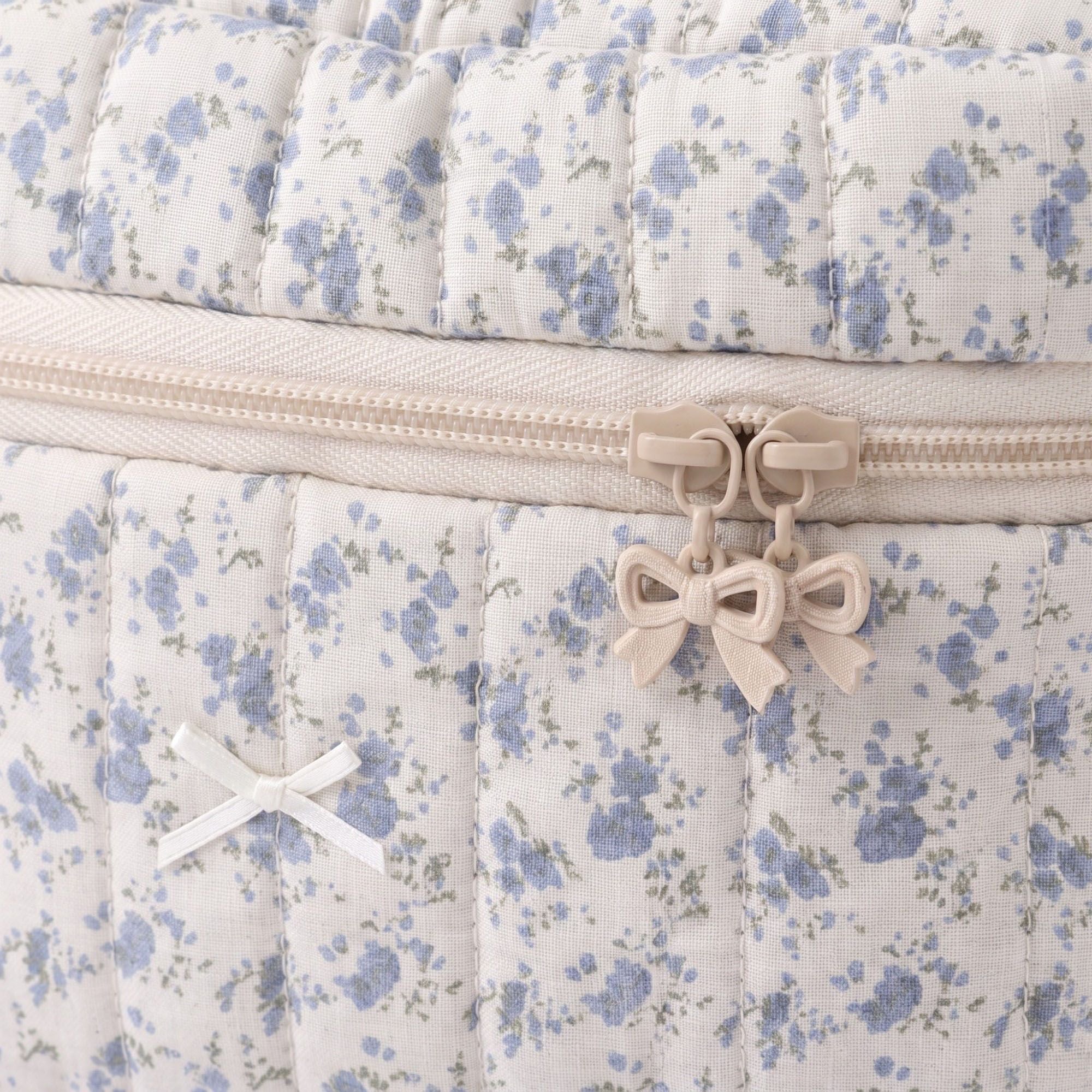 Quilted Floral Cosmetic Makeup Bag with Top Handle and Zip Closure