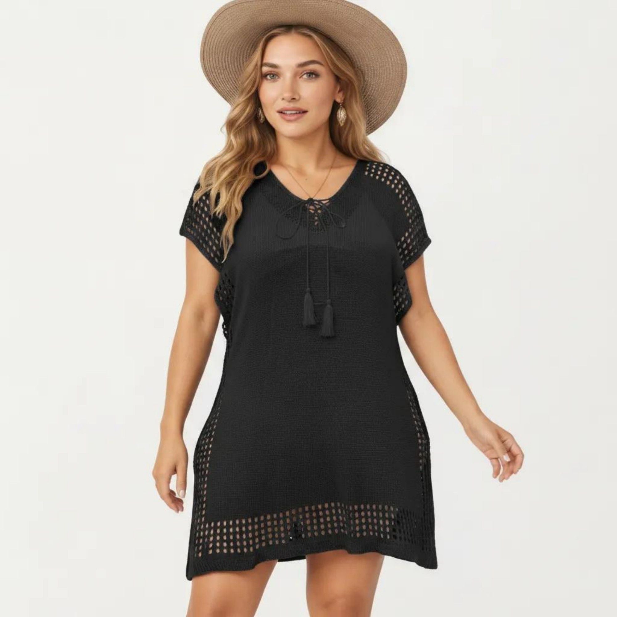 Anna-Kaci Women's Knit Swim Cover Up Dress with Tassel Tie Neck Open Knit Trim and Relaxed Short Sleeves