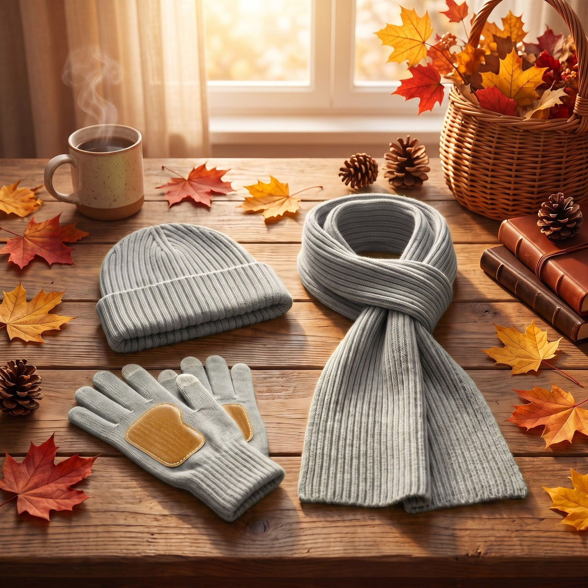 3 Piece Ribbed Knit Beanie Scarf and Touchscreen Gloves Set