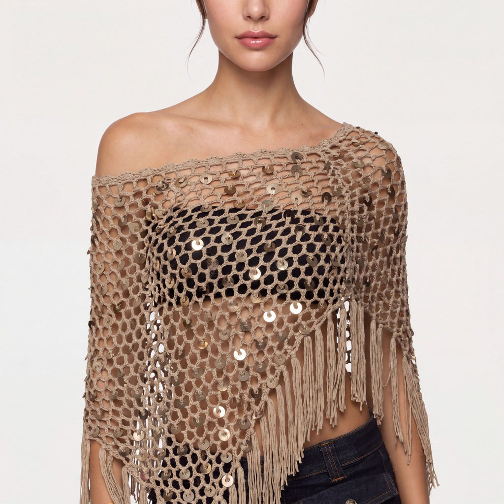Open Knit Sequin Fringe Asymmetrical Poncho Shawl Cover Up with Draped One Shoulder Styling