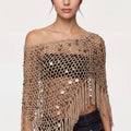 Open Knit Sequin Fringe Asymmetrical Poncho Shawl Cover Up with Draped One Shoulder Styling