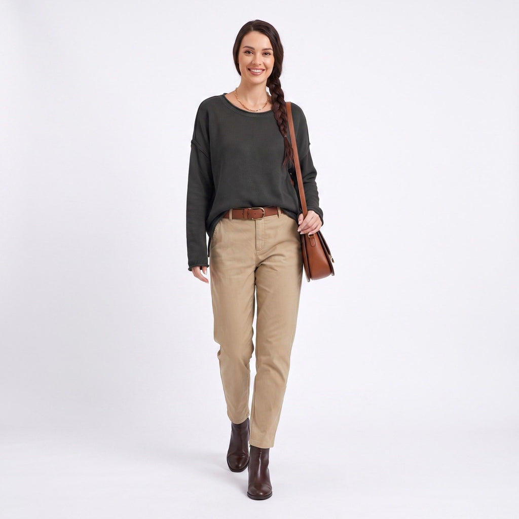 Relaxed Drop Shoulder Crew Neck Long Sleeve Knit Sweater