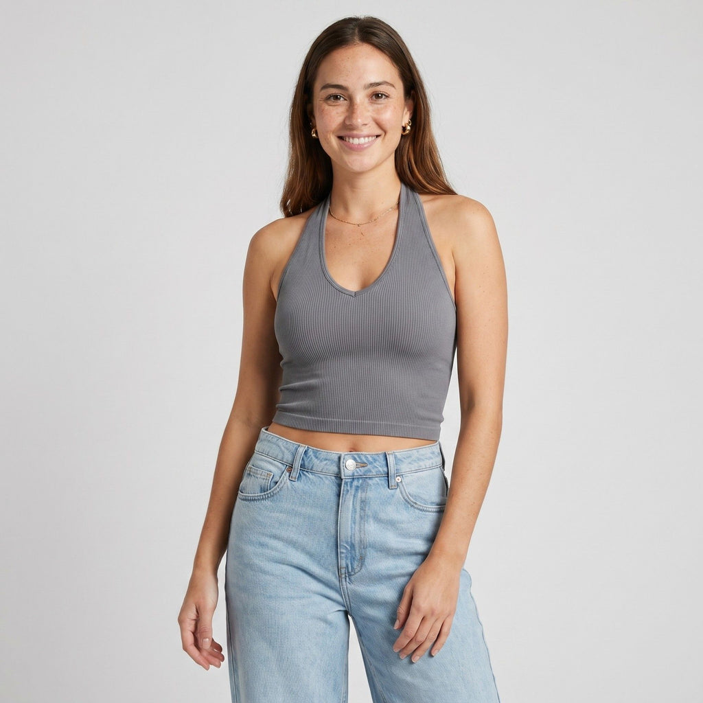 Anna-Kaci Active Womens Halter Neck Cropped Tank Top with V Neckline Smooth Stretch Knit and Fitted Band