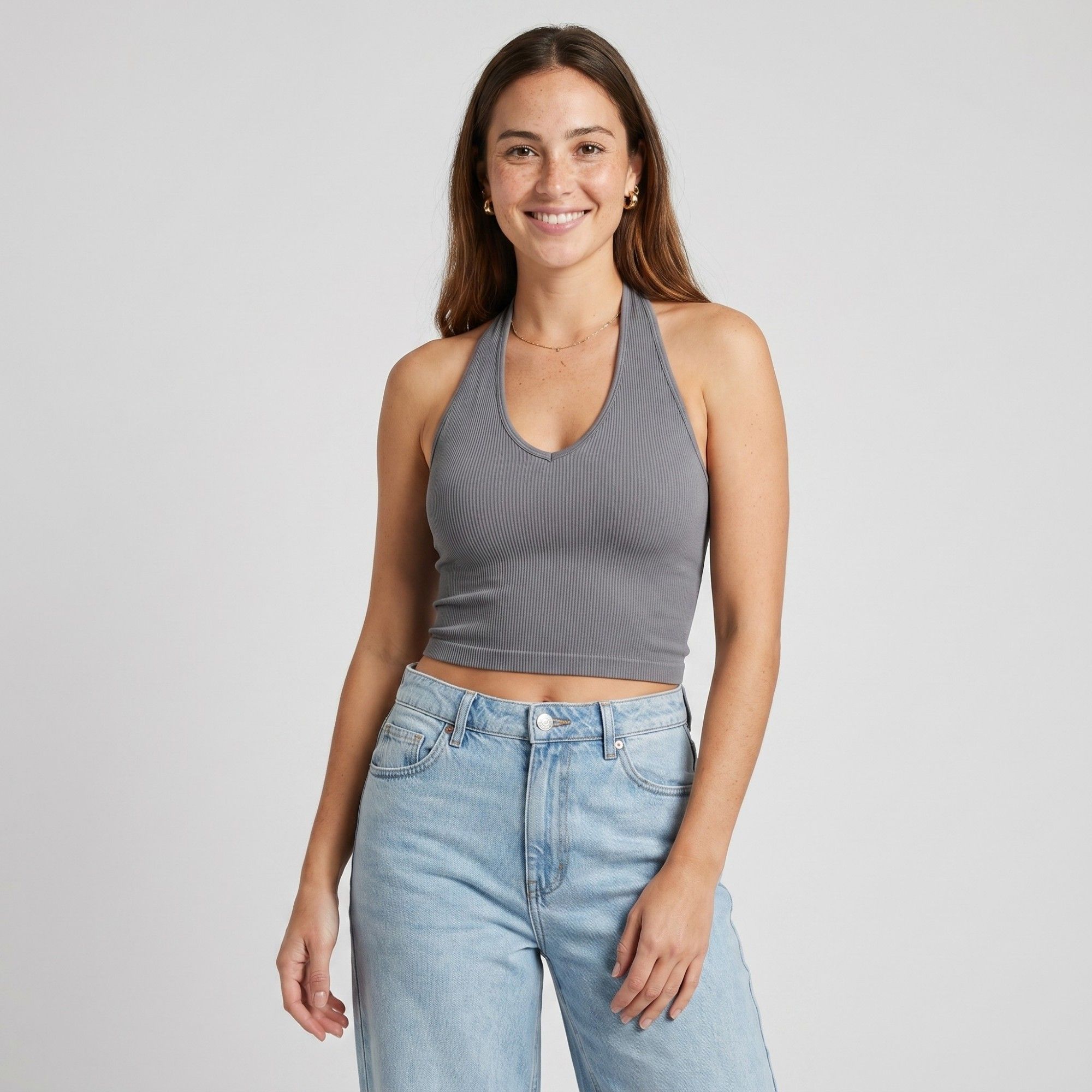 Anna-Kaci Active Womens Halter Neck Cropped Tank Top with V Neckline Smooth Stretch Knit and Fitted Band
