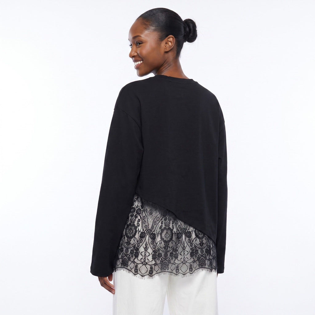 Asymmetrical Lace Hem Long Sleeve Top