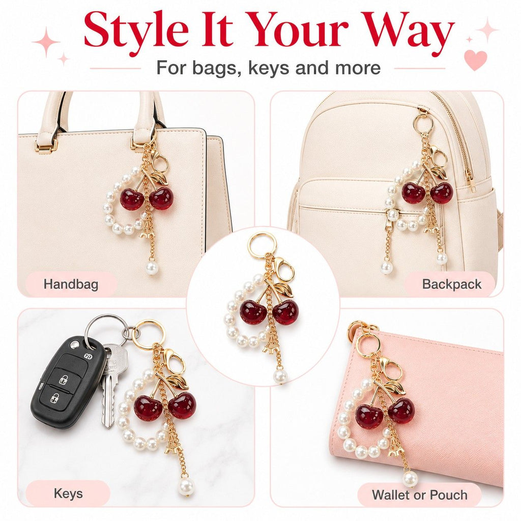 Cherry Bag Charm Keychain with Faux Pearl Loop and Gold-Tone Clips