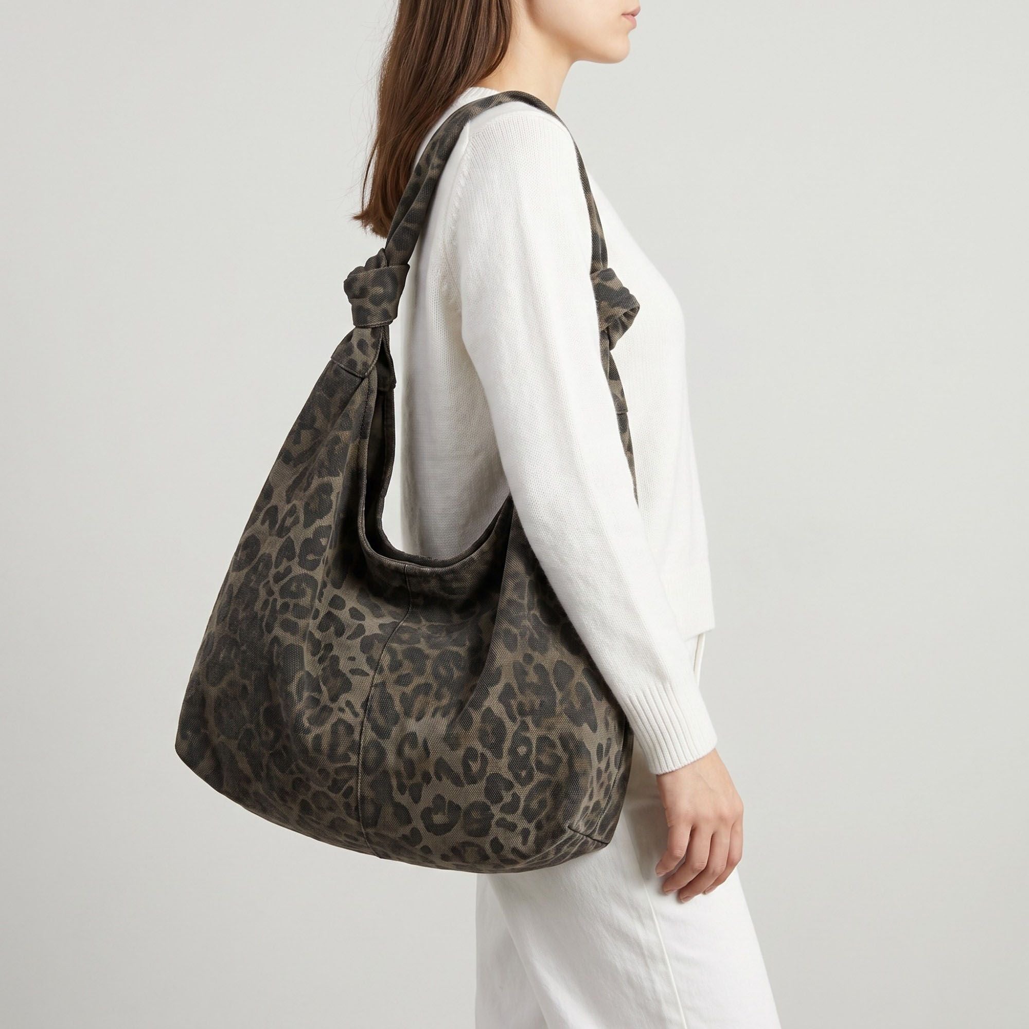 Oversized Leopard Print Hobo Shoulder Bag with Knotted Strap