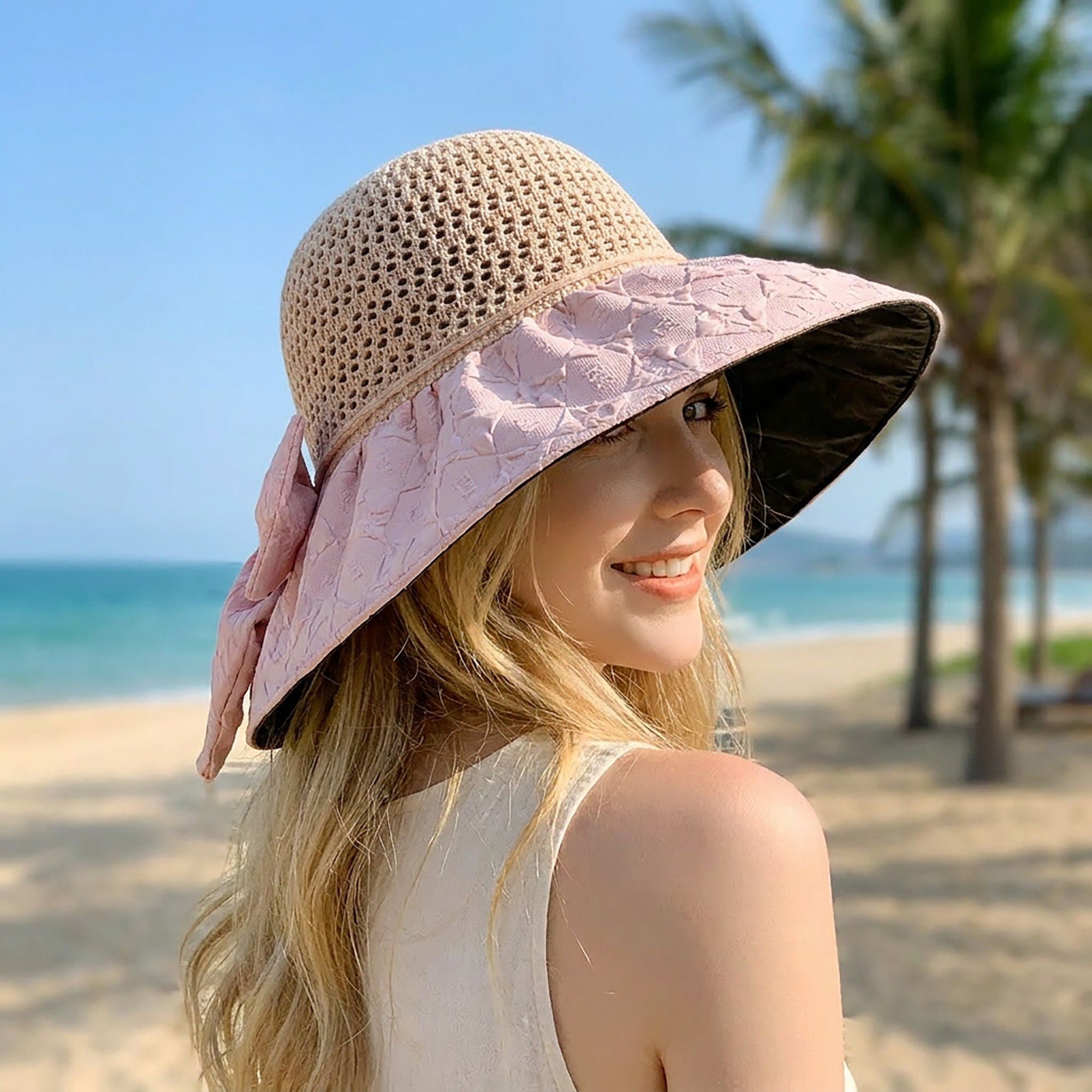 Wide Brim Crochet Sun Hat with Bow Accent and Textured Fabric Brim
