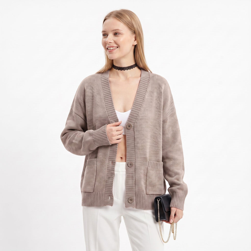 Oversized V Neck Button Front Cardigan with Pockets