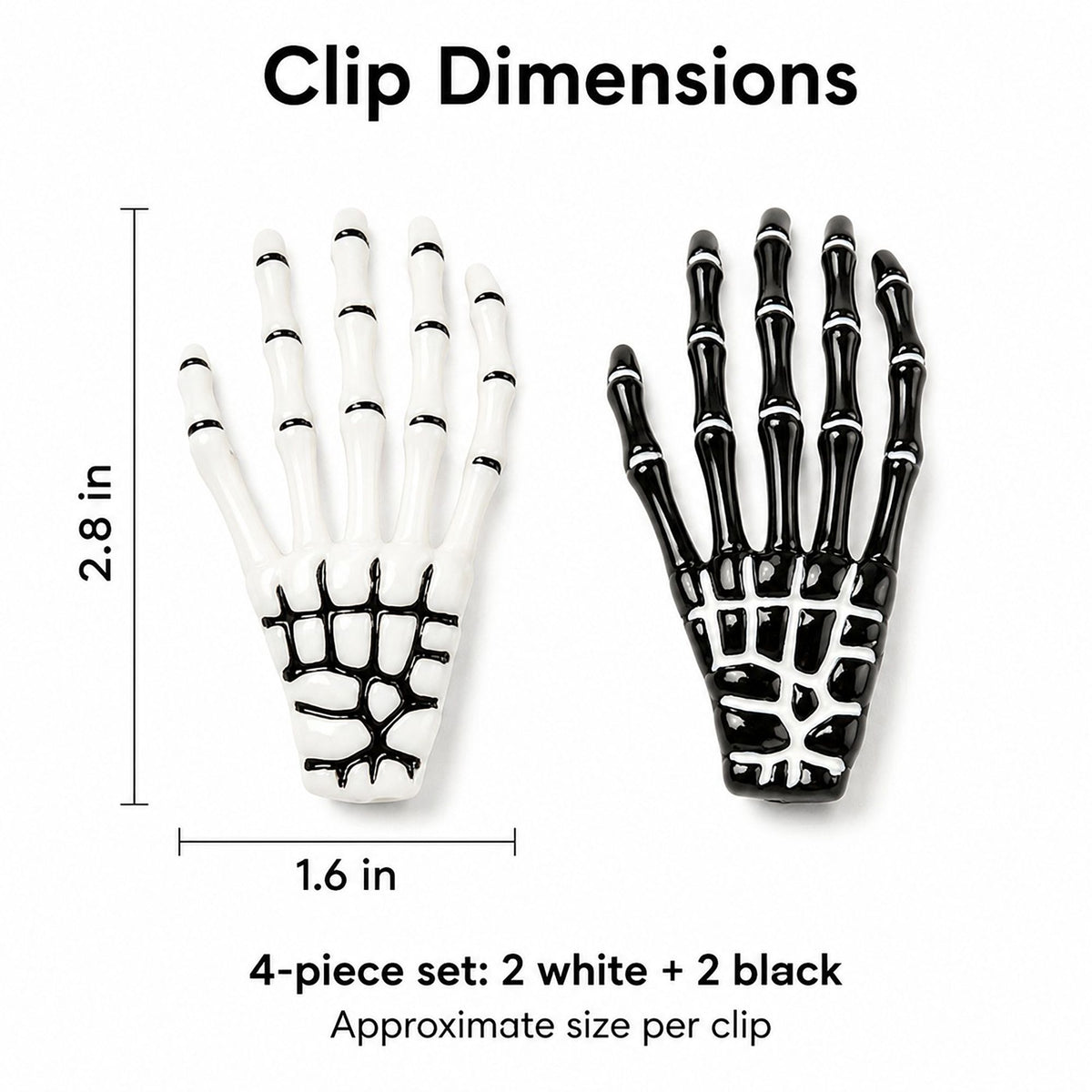 Halloween Skeleton Hand Hair Clips Black and White 4pc