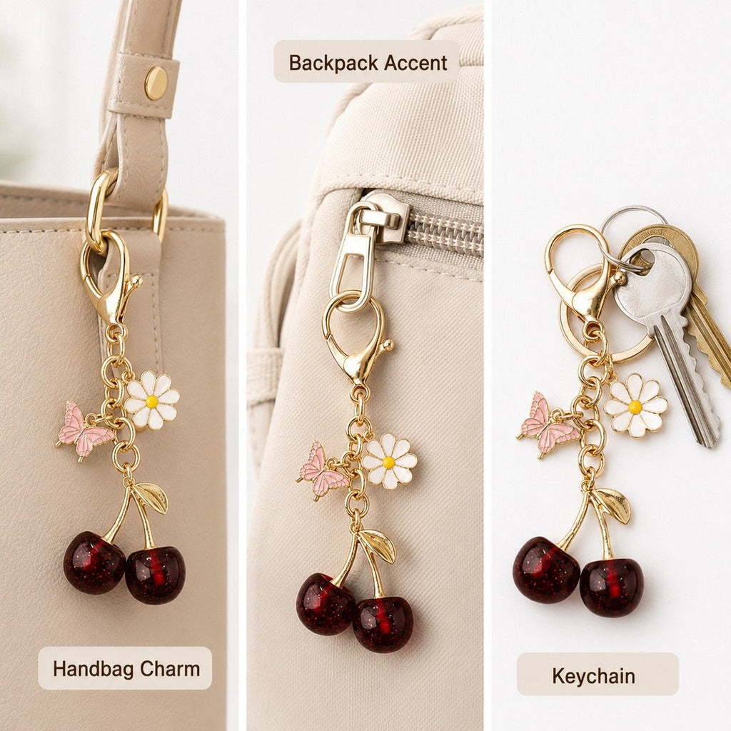 Cherry Bag Charm Keychain with Daisy and Butterfly Accents and Gold-Tone Clip