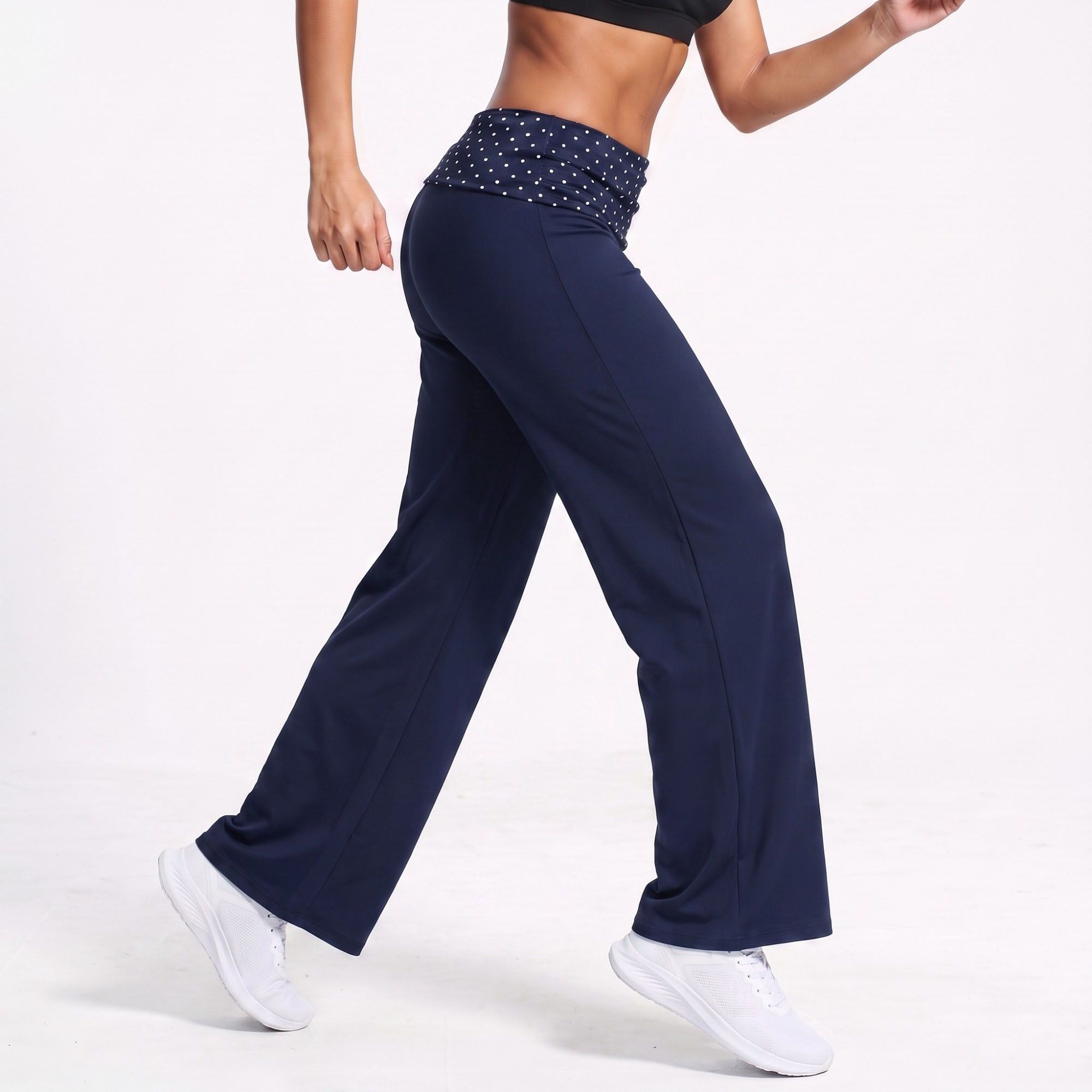 Polka Dot Foldover Waist Wide Leg Yoga Pants Full Length Flowy Workout Trousers
