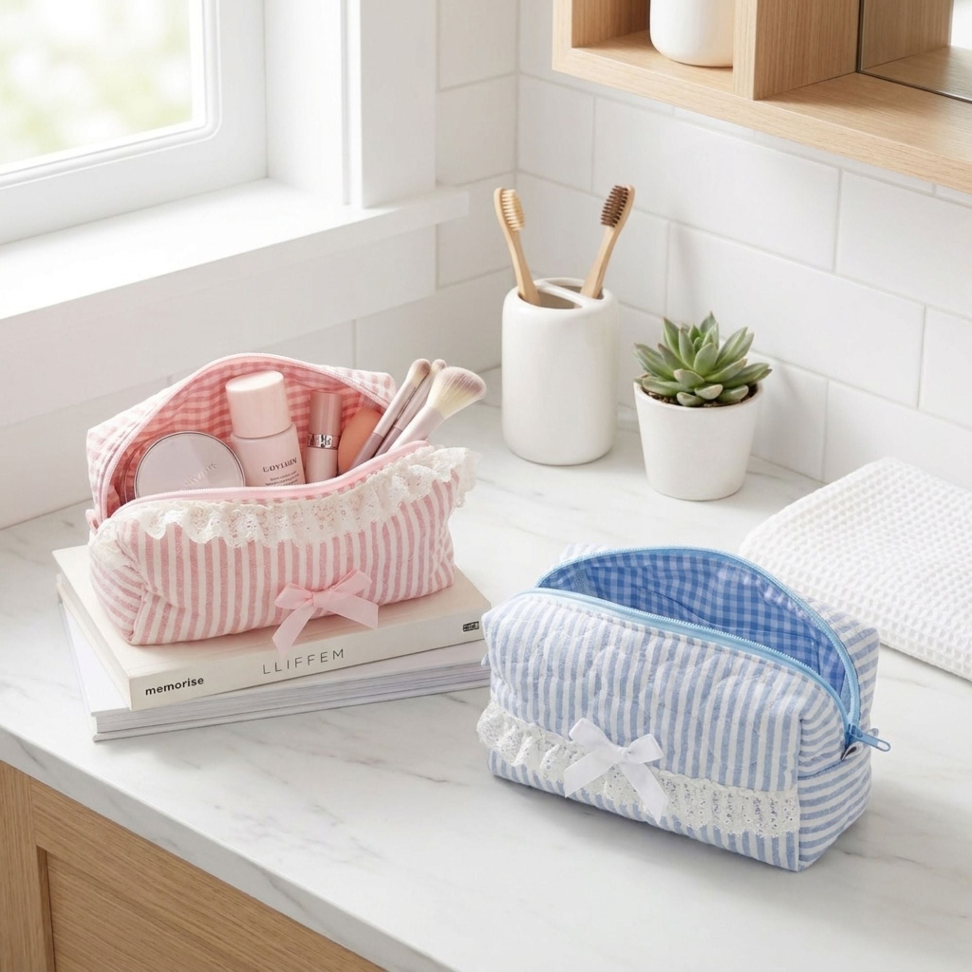 Quilted Makeup Bag Large Capacity Cosmetic Pouch Travel Toiletry Organizer